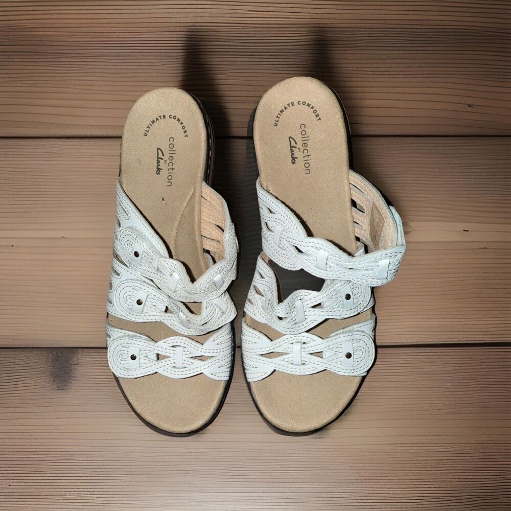 Clarks Leisa Faye White Leather Slide Sandals 5.5 New Gift Ready Fall Transition